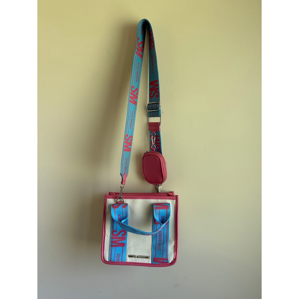 Steve Madden Pink Blue Canvas Tote Crossbody Bag with Coin Purse Small